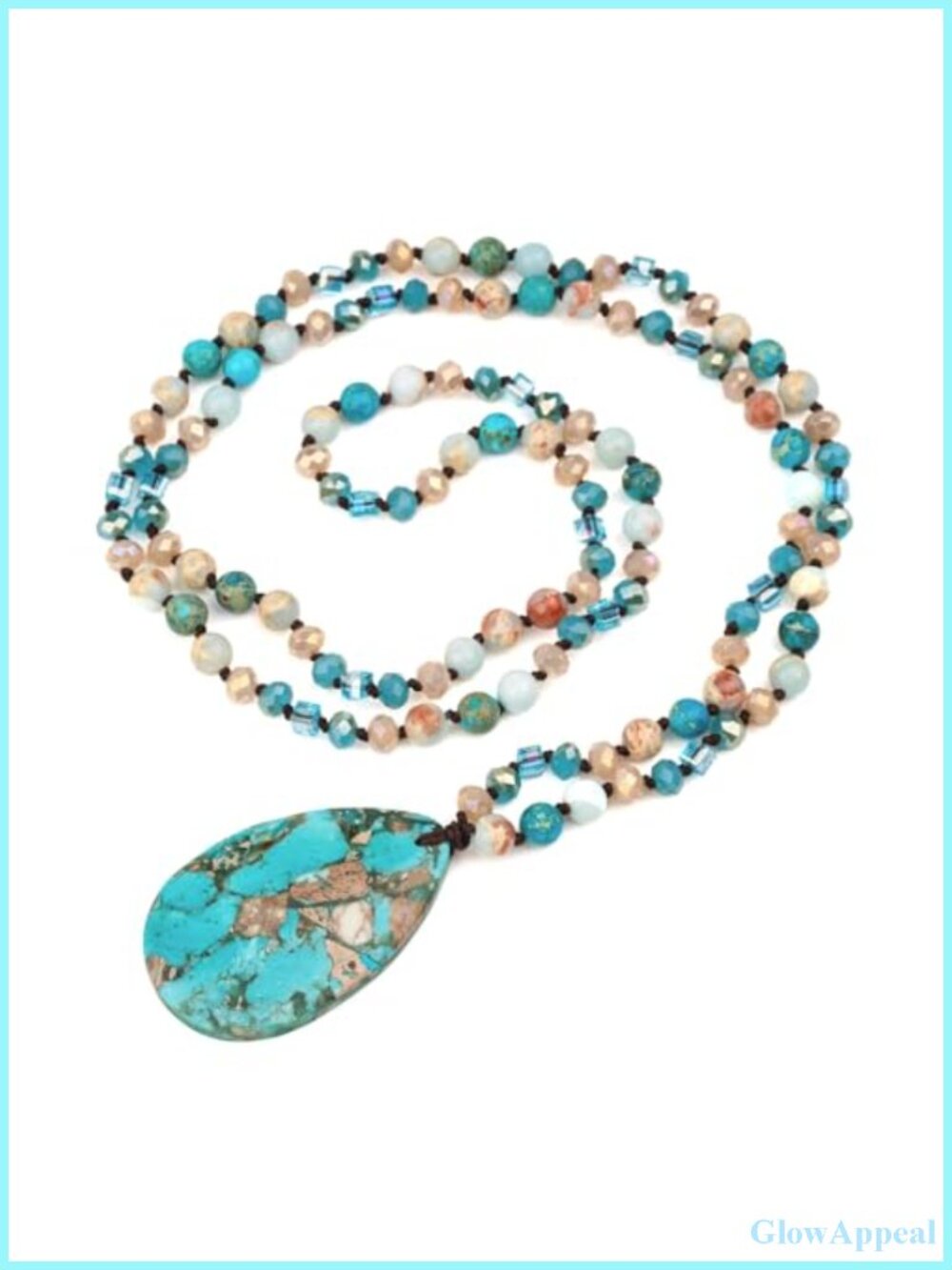 Natural Stone Beaded Long Necklace 31.5in Handmade Heart Pendant Boho